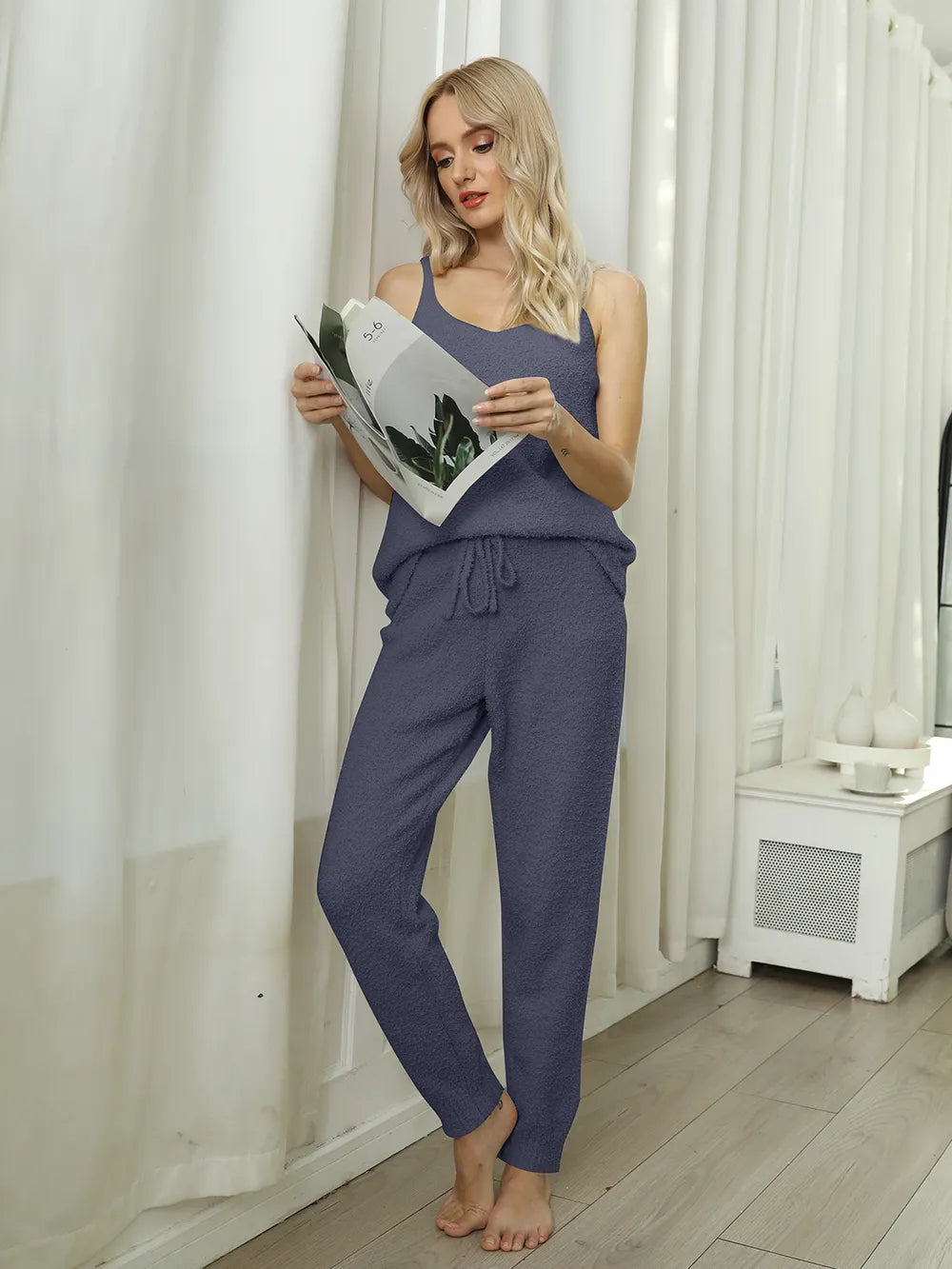Dusty blue fuzzy lounge set: V-neck cami top with drawstring waist pants