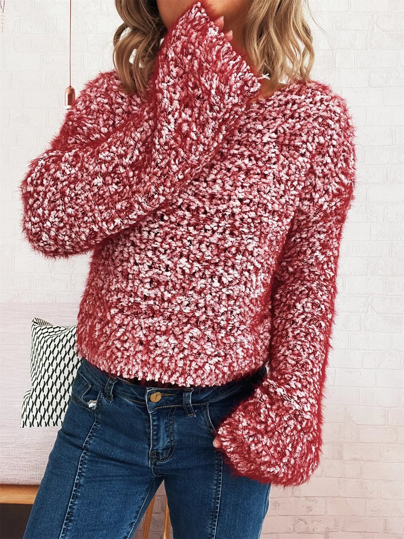 Burgundy crochet round-neck dropped-shoulder sweater with long sleeves and fuzzy texture
