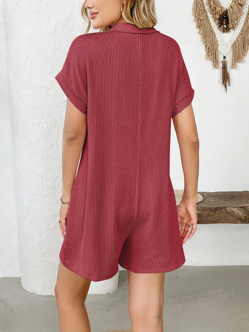 Scarlet striped collared short-sleeve romper with button placket, back view