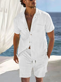 Men's white short-sleeve button-front shirt and shorts set with pockets