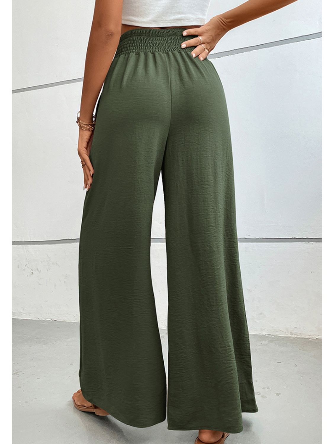 Olive green wide-leg long pants with high elastic waistband