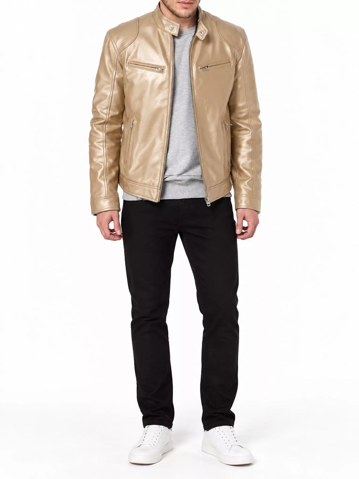 Men's zip-up vegan leather jacket, khaki color with snap collar and front zipper.