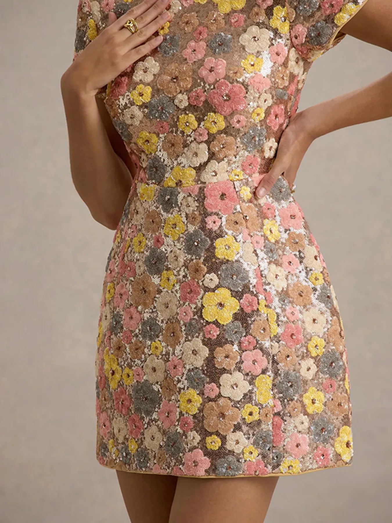 Cedar & Moore Floral Sequin Short Sleeve Mini Dress, multicolor flower pattern with zipper