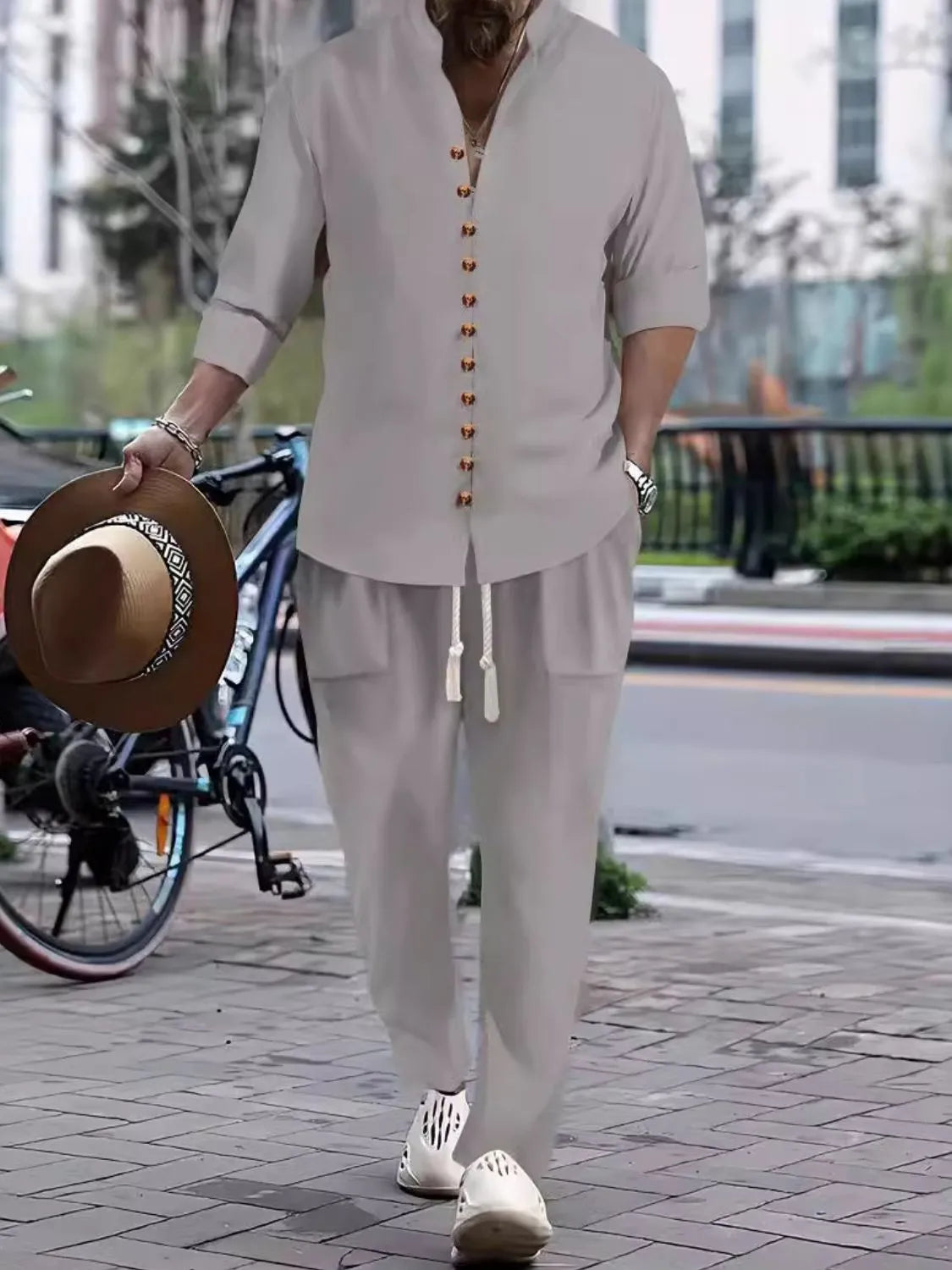 Men's light-gray button-front long-sleeve shirt and pants set with gold buttons