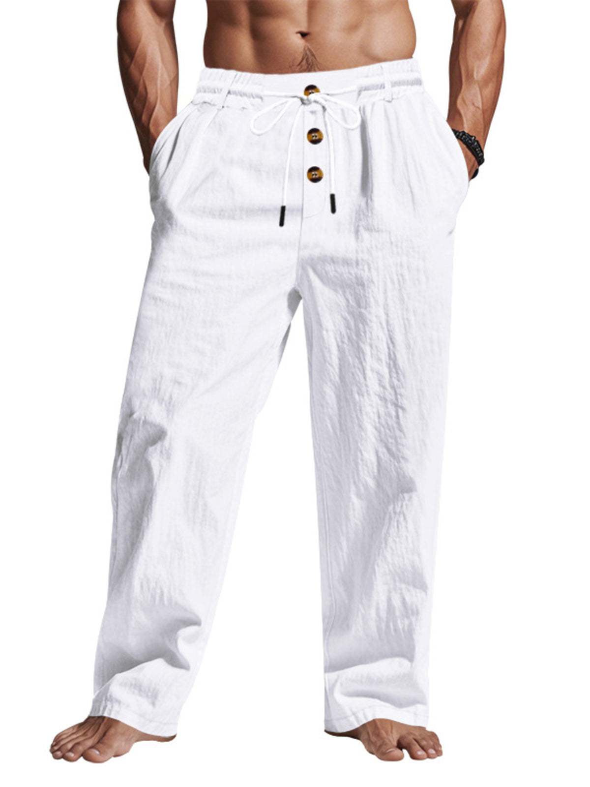 Men’s lightweight drawstring pants, white, elastic waist with drawstring and button detail