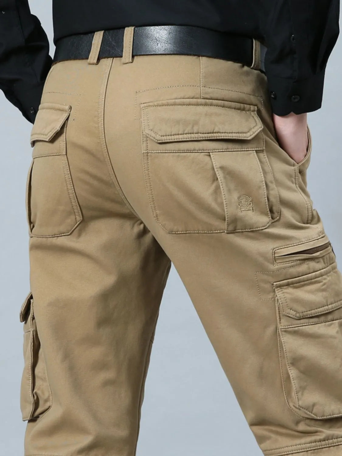 Men's solid cargo pants in khaki with belt and multiple cargo pockets