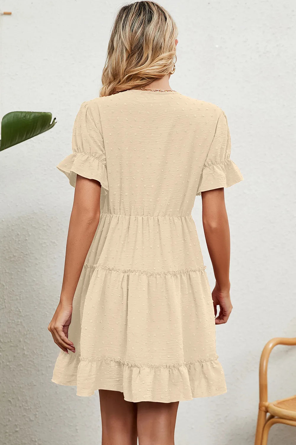 Swiss Dot V-Neck Flounce-Sleeve Mini Dress by Trendsi in beige
