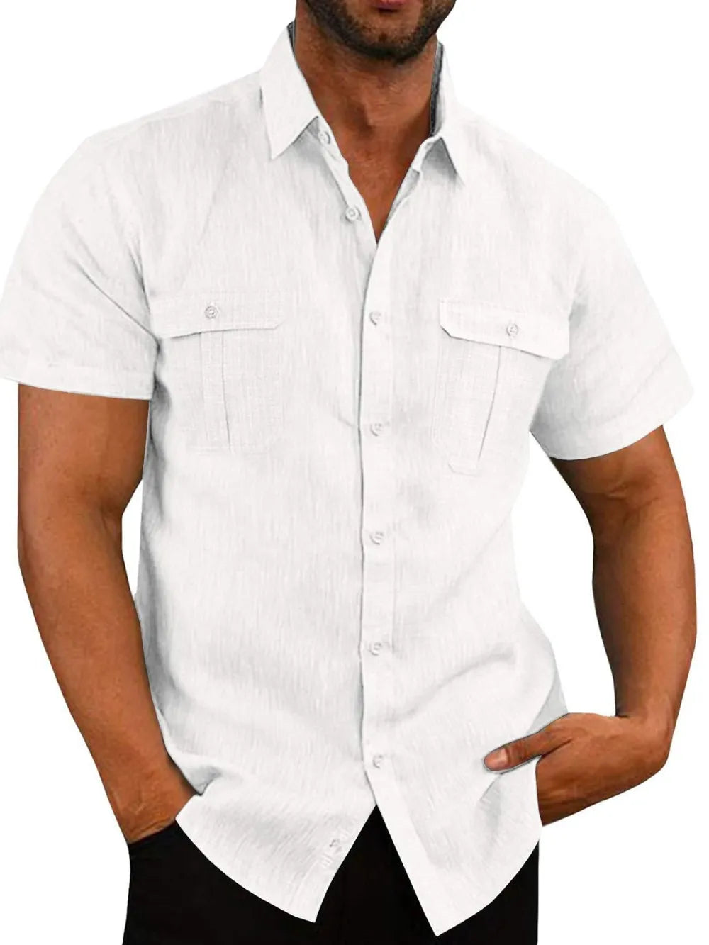 White men's short-sleeve collared button-up shirt with flap chest pockets