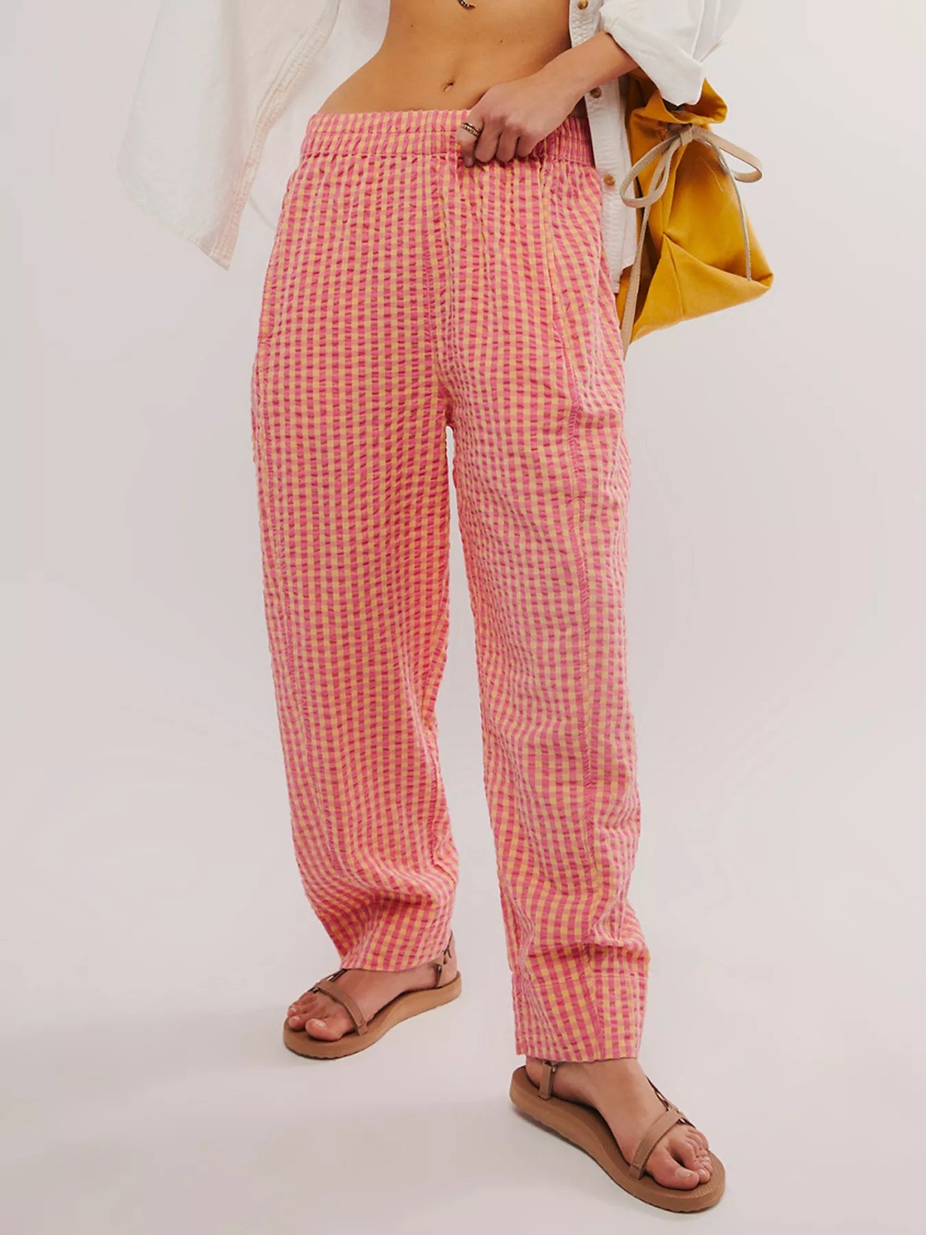 Red gingham relaxed-fit pants with elastic waist and wide legs