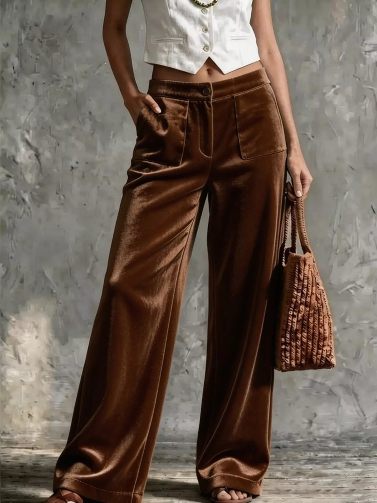 Brown velvet wide-leg pants with button front and side patch pockets