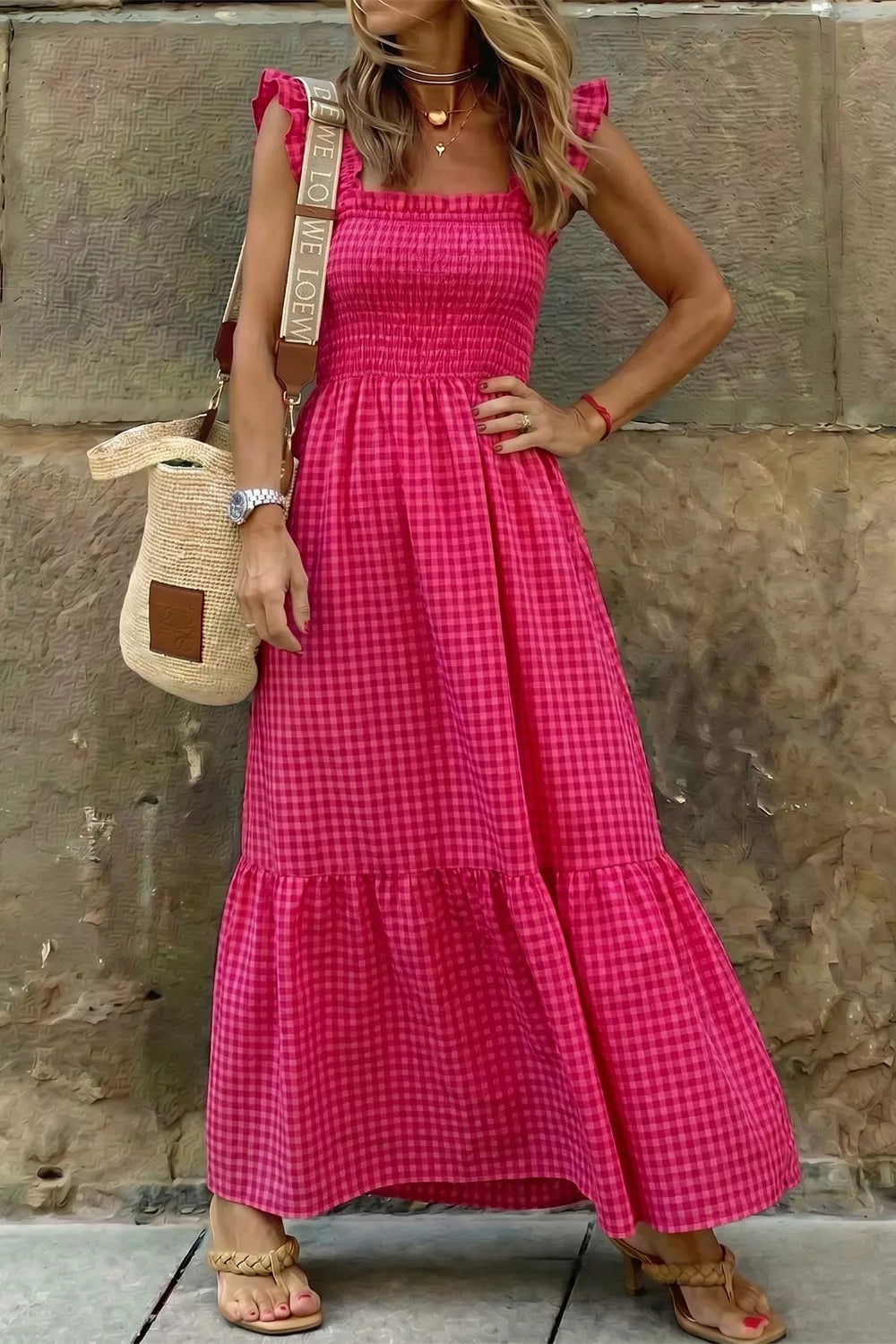 Deep rose square-neck sundress with ruffle straps, smocked bodice, and checkered skirt