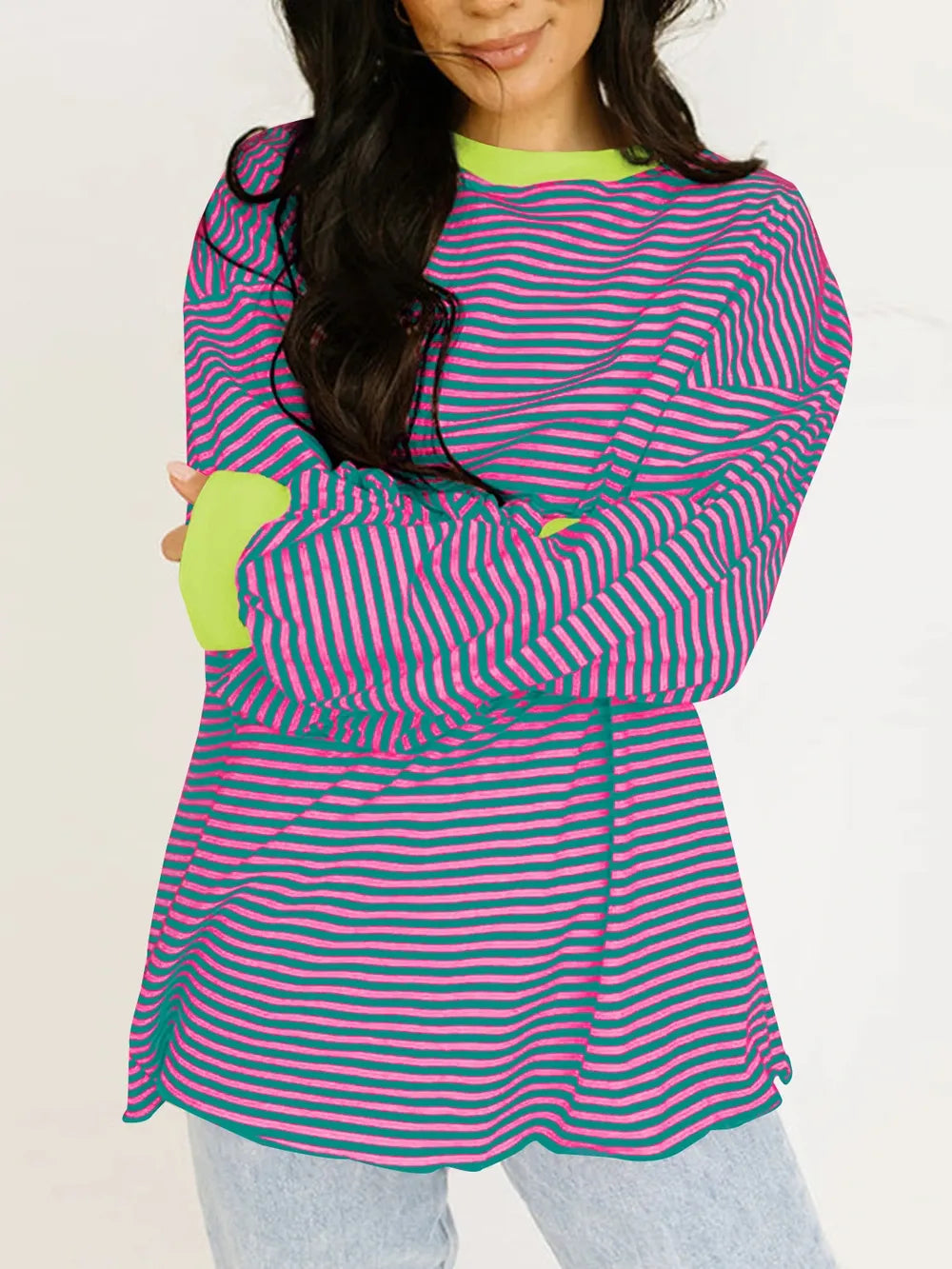 Contrast striped long-sleeve sweatshirt, purple contrast trim and pink-and-purple stripes