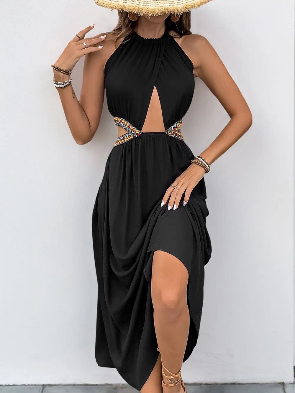 grecian backless dress Perfee Cutout Neck Tied Back and individuality Colour Family: RED Color:Sunshine Yellow Off-Shoulder Long Sleeve Black