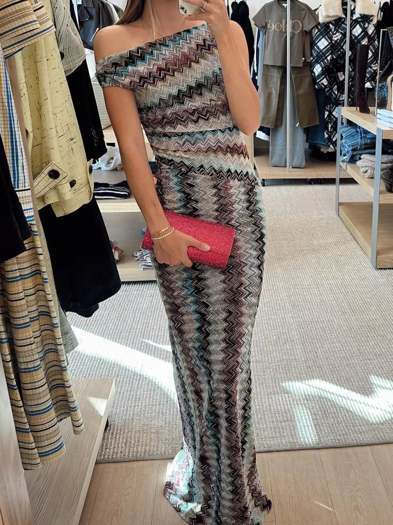Cedar & Moore One-Shoulder Zigzag Knit Maxi Dress in multicolor chevron pattern
