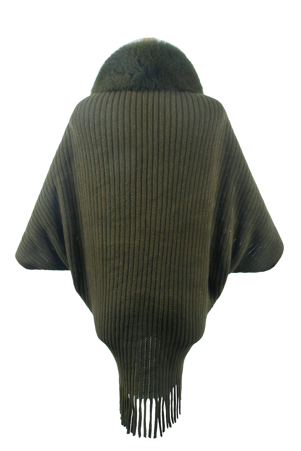 Long-sleeve ribbed poncho with fringe trim, dark green, back view
