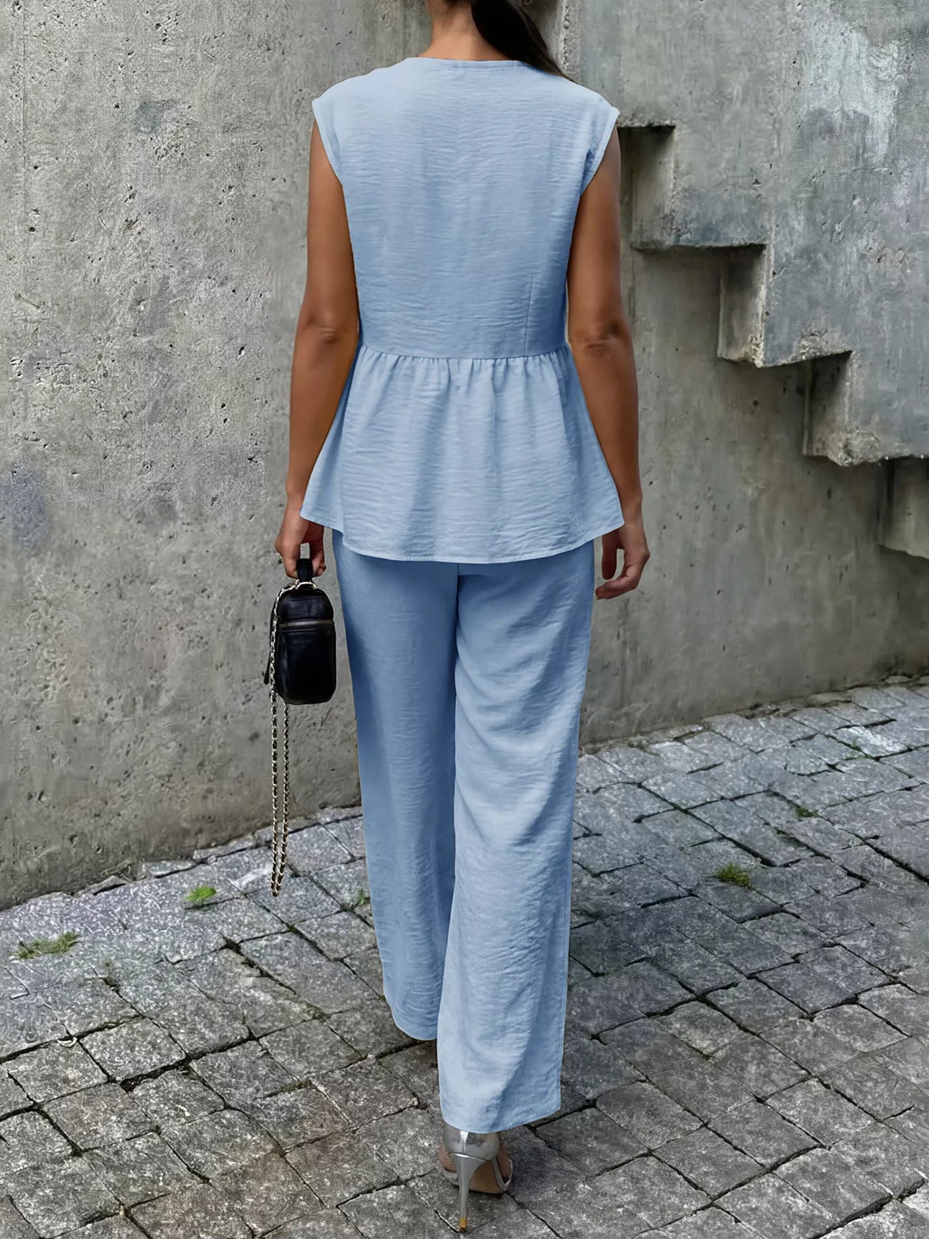 Light blue back view peplum top and wide-leg pants set, sleeveless