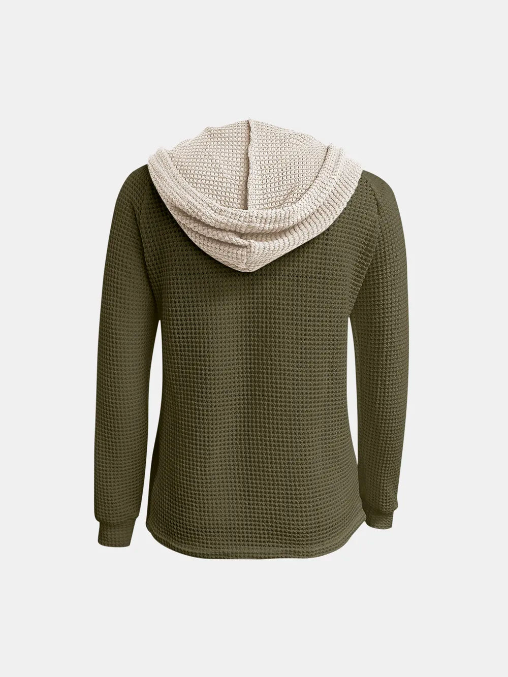 Moss green waffle-knit long-sleeve hoodie with contrast hood, shown from the back
