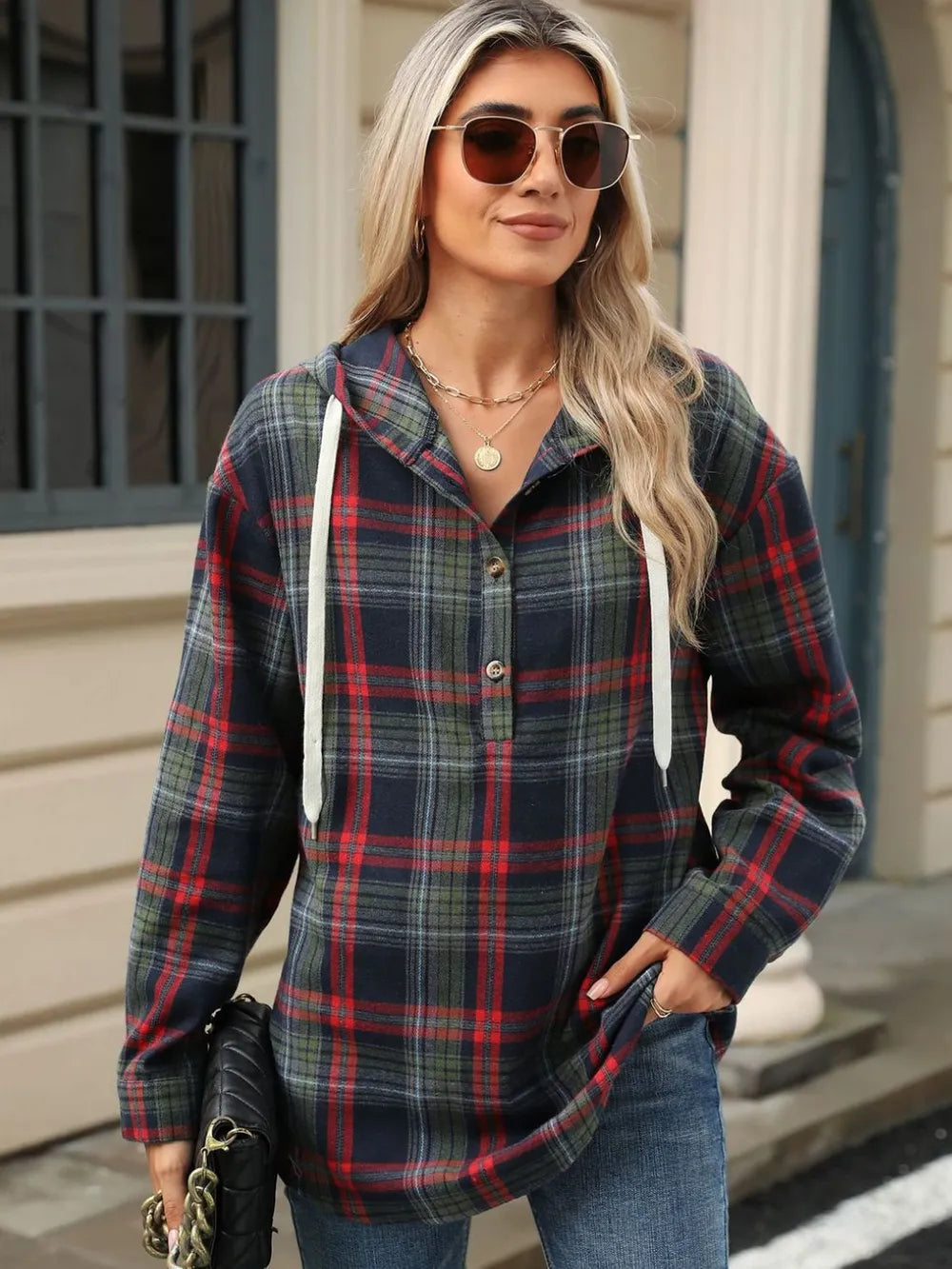 Green plaid hooded long-sleeve top with front buttons and kangaroo pocket