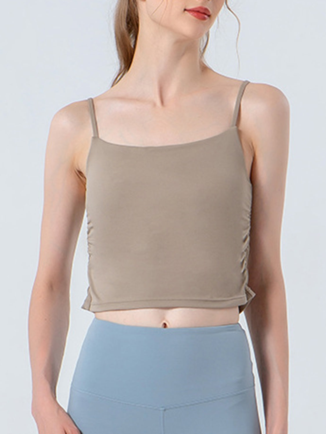 Ruched sports cami in beige, scoop neck and spaghetti straps