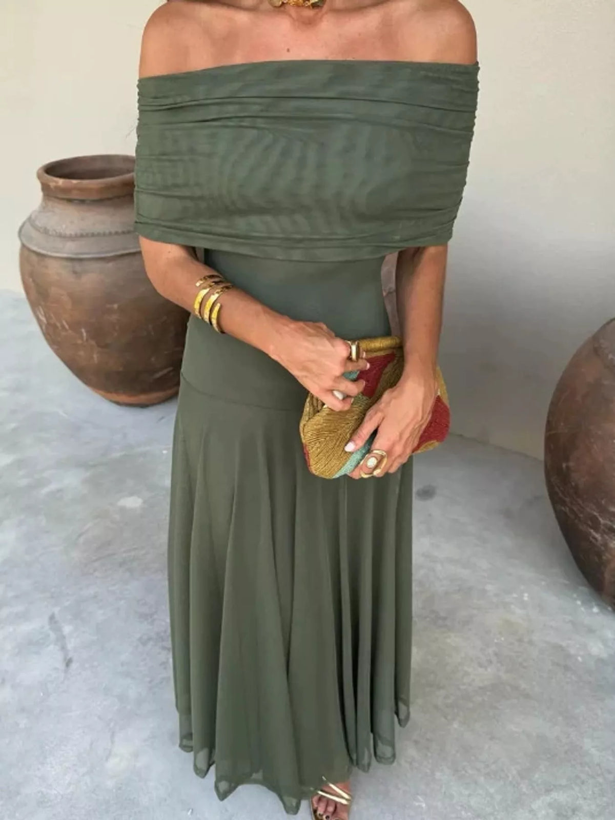 Army green off-shoulder ruched sheer mesh maxi dress with draped sleeves and flared skirt