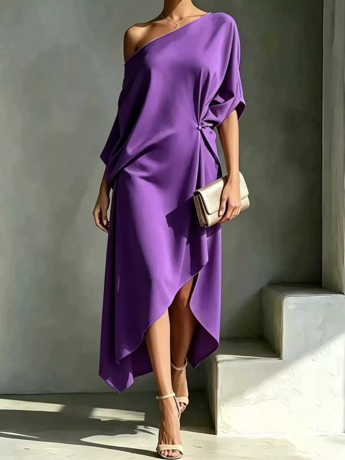 Purple one-shoulder ruched asymmetric midi dress with flowing drape and side slit