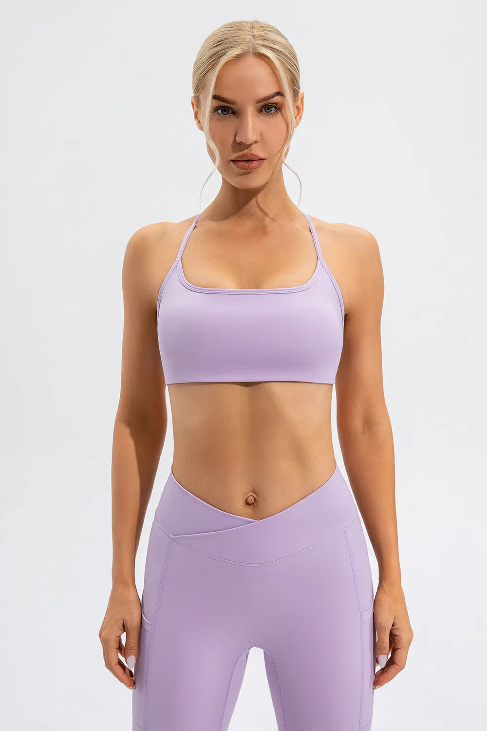 Lilac active cami with spaghetti straps and scoop neckline, fitted cropped cut
