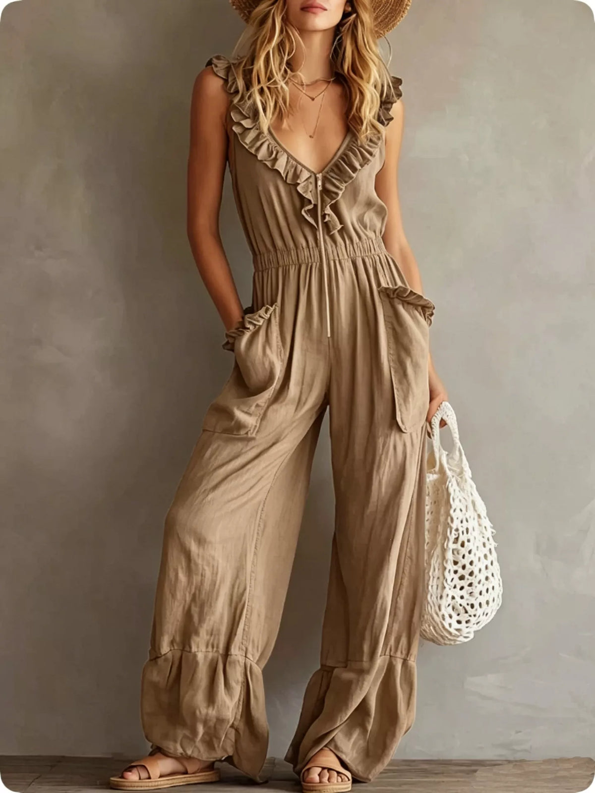 Ruffled V-neck wide-leg jumpsuit in taupe with ruffle neckline, gathered waist, and pockets