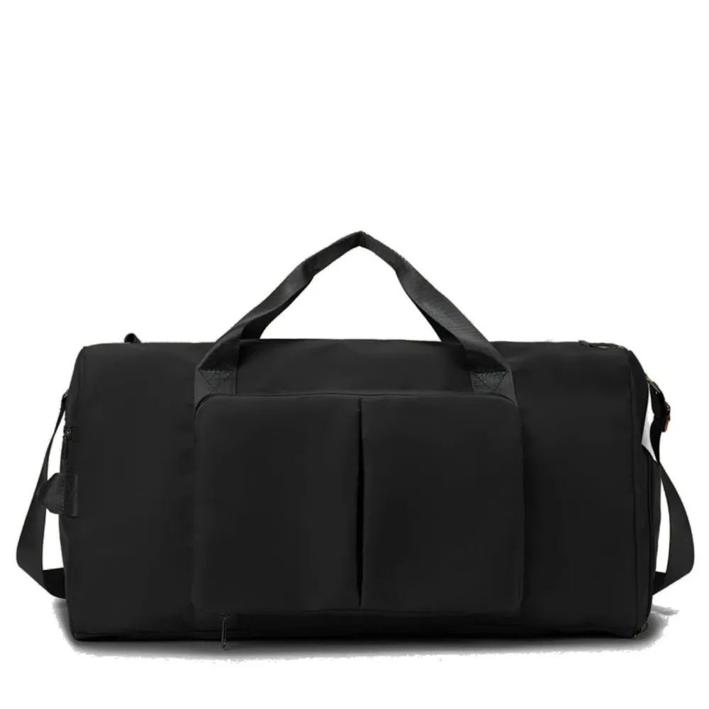 Large travel duffel bag with front zip pocket, black body and adjustable shoulder straps