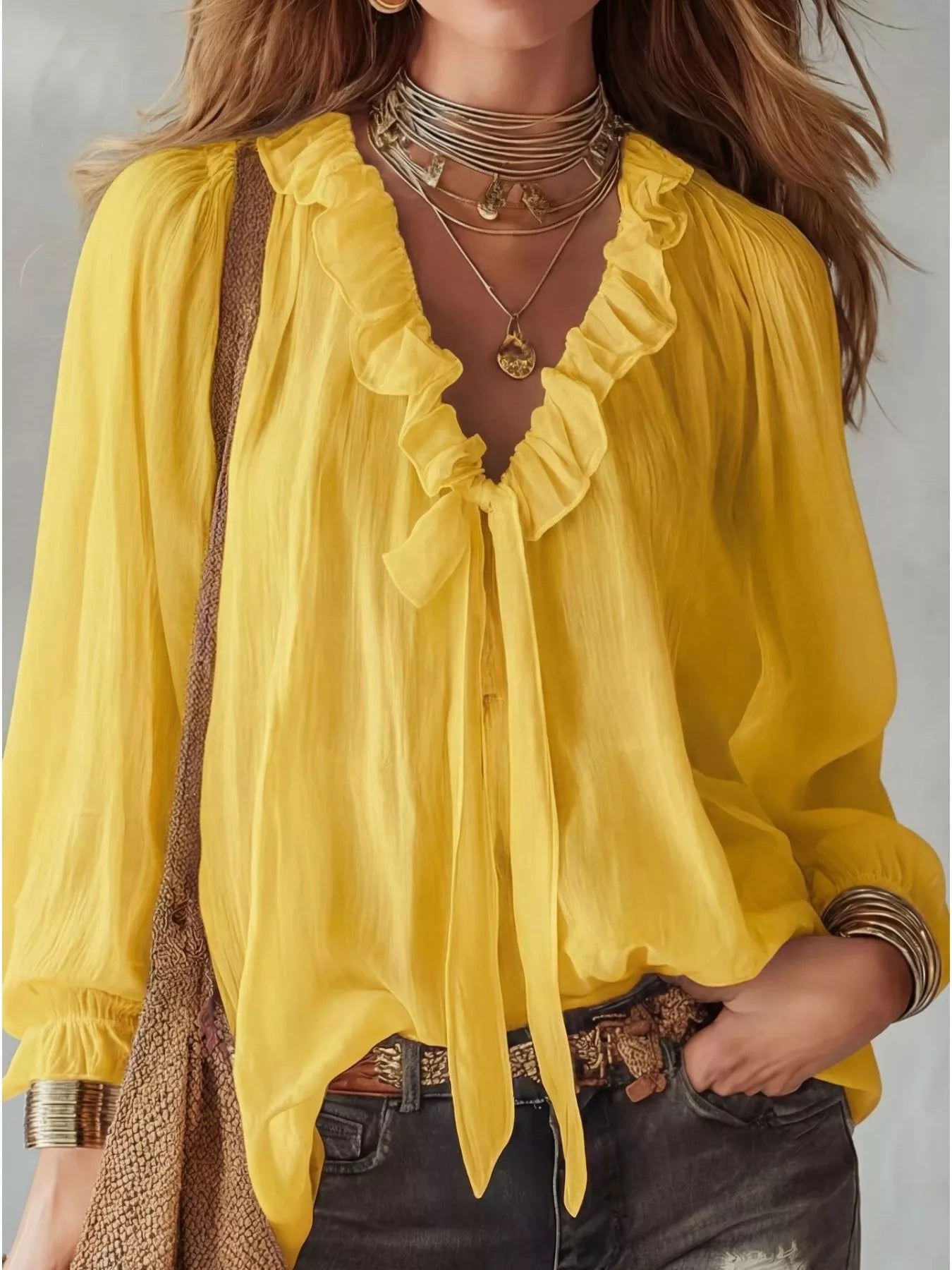 Yellow ruffle long-sleeve blouse with gathered V-neck ruffles and flowing sleeves
