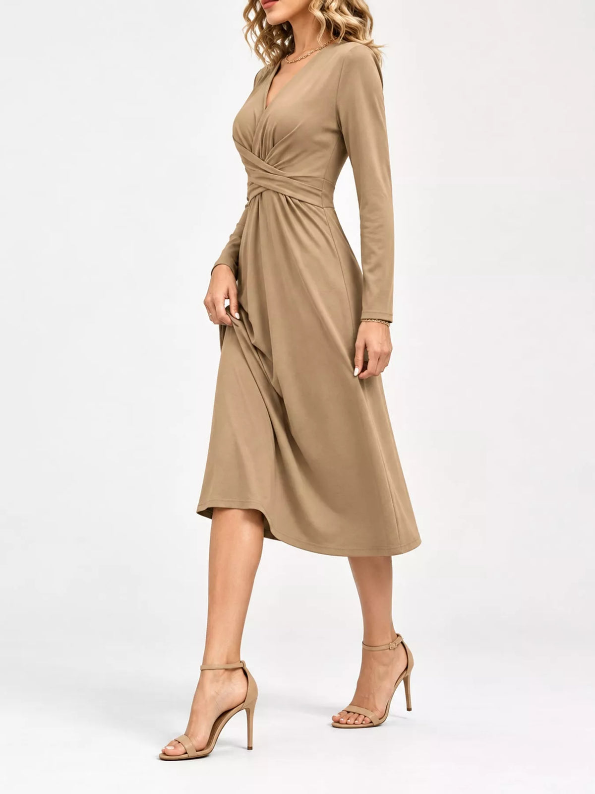 Beige ruched midi dress side profile with long sleeves and gathered crisscross waist.