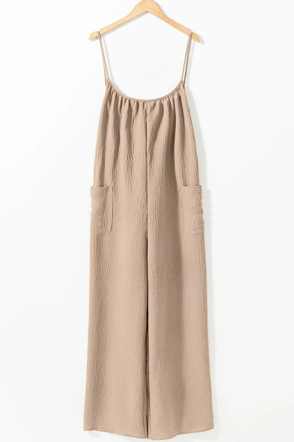 Khaki wide-leg jumpsuit with spaghetti straps and tie-waist