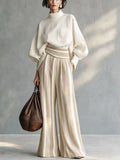 Cream mock-neck top and striped wide-leg pants two-piece set