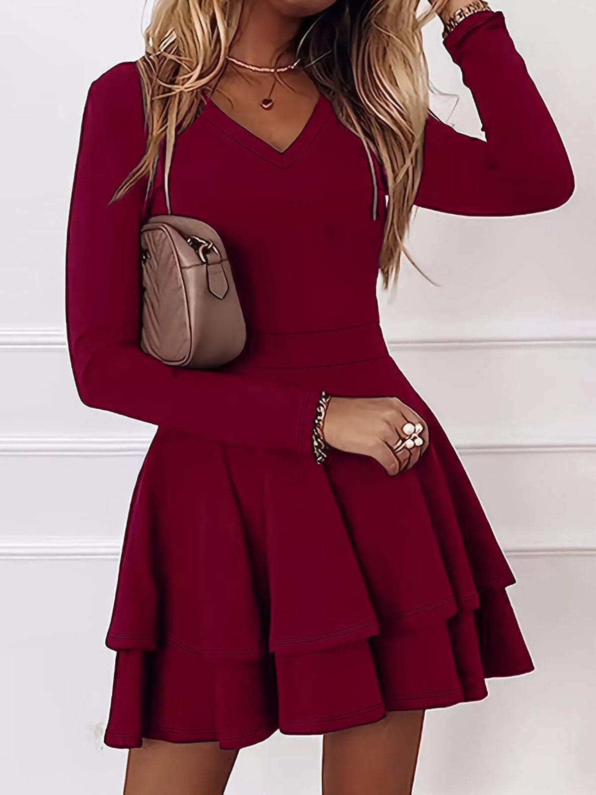 Burgundy V-neck long sleeve mini dress with tiered ruffle skirt