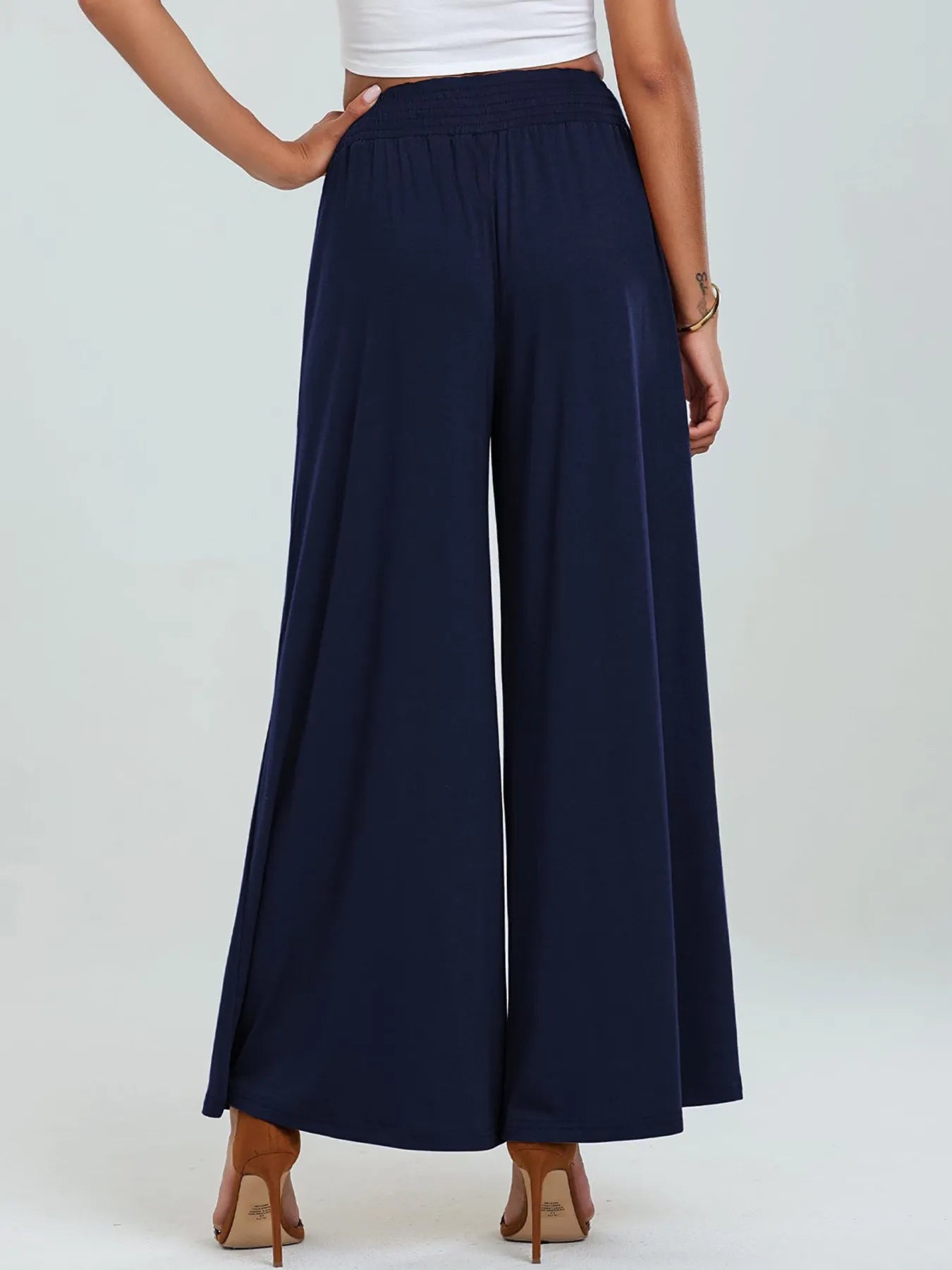 High-waisted wide-leg pants, dark navy, elastic waistband, wide flared legs