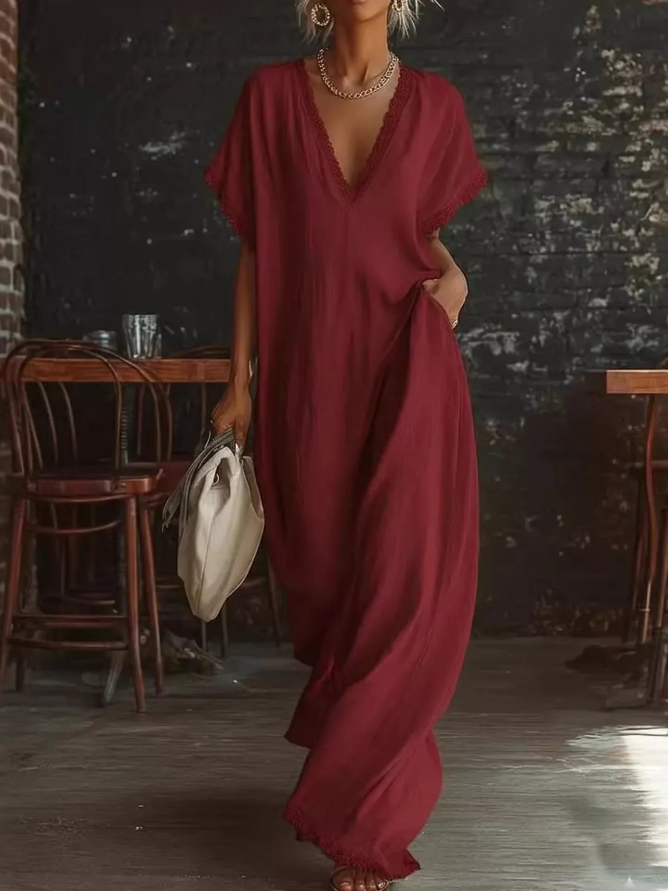 Wine red lace-trim V-neck maxi dress with short sleeves and relaxed long length.