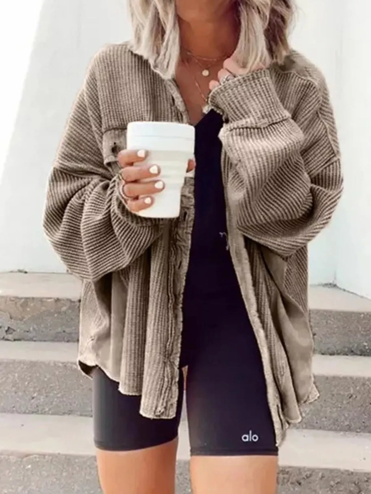 Waffle knit button-up jacket, taupe with long sleeves and button front