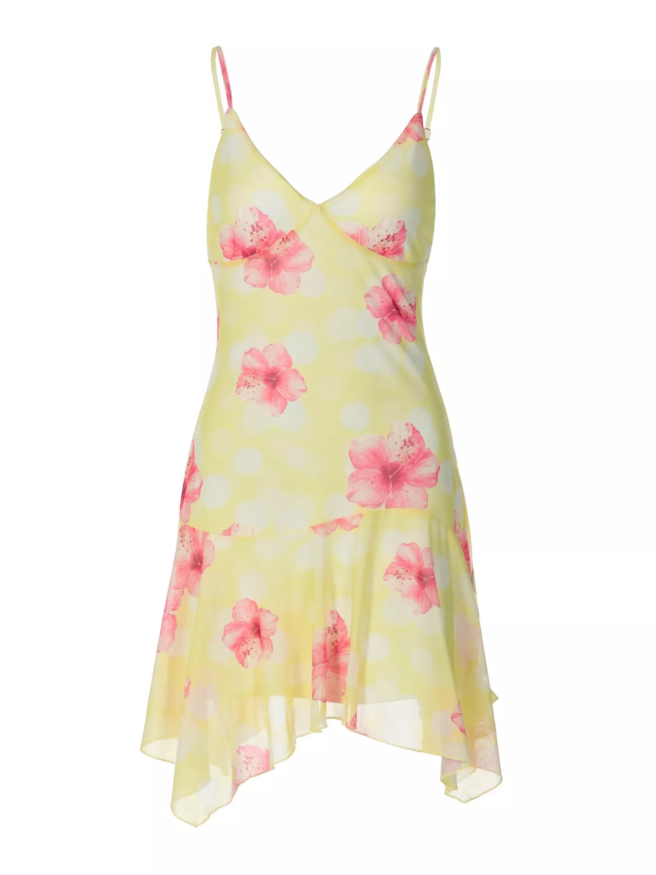 Yellow floral print sleeveless mini dress with asymmetrical hem and spaghetti straps