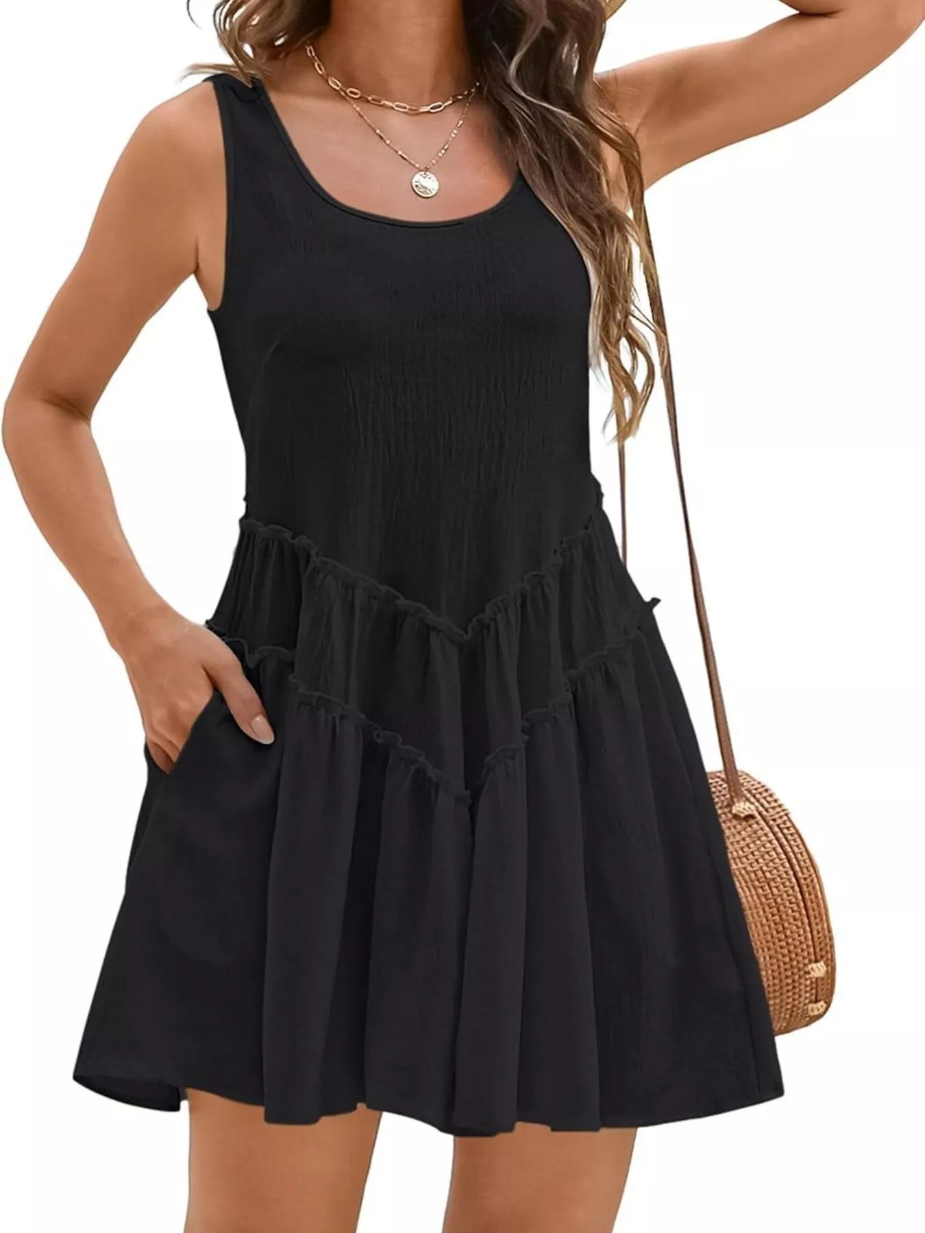 Round Neck Sleeveless Mini Dress in black with pockets and tiered frill details