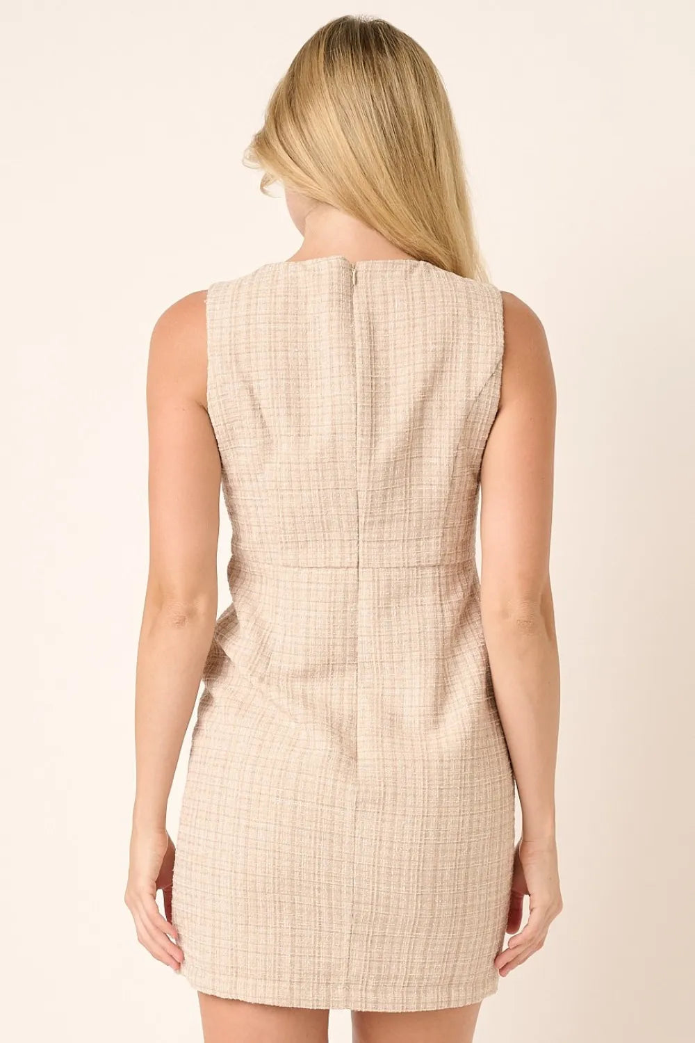 Mittoshop Tweed Sleeveless Mini Dress by Trendsi; beige tweed fabric, back view with center zipper.