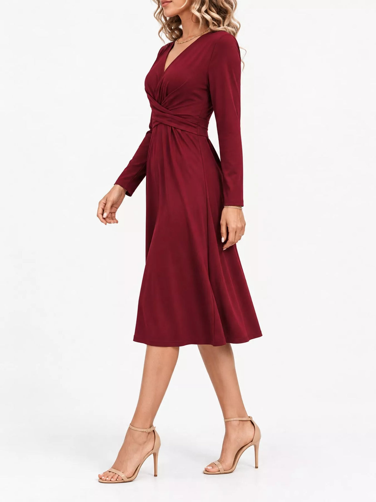 Burgundy long-sleeve midi dress with ruched crossover bodice and flared skirt.