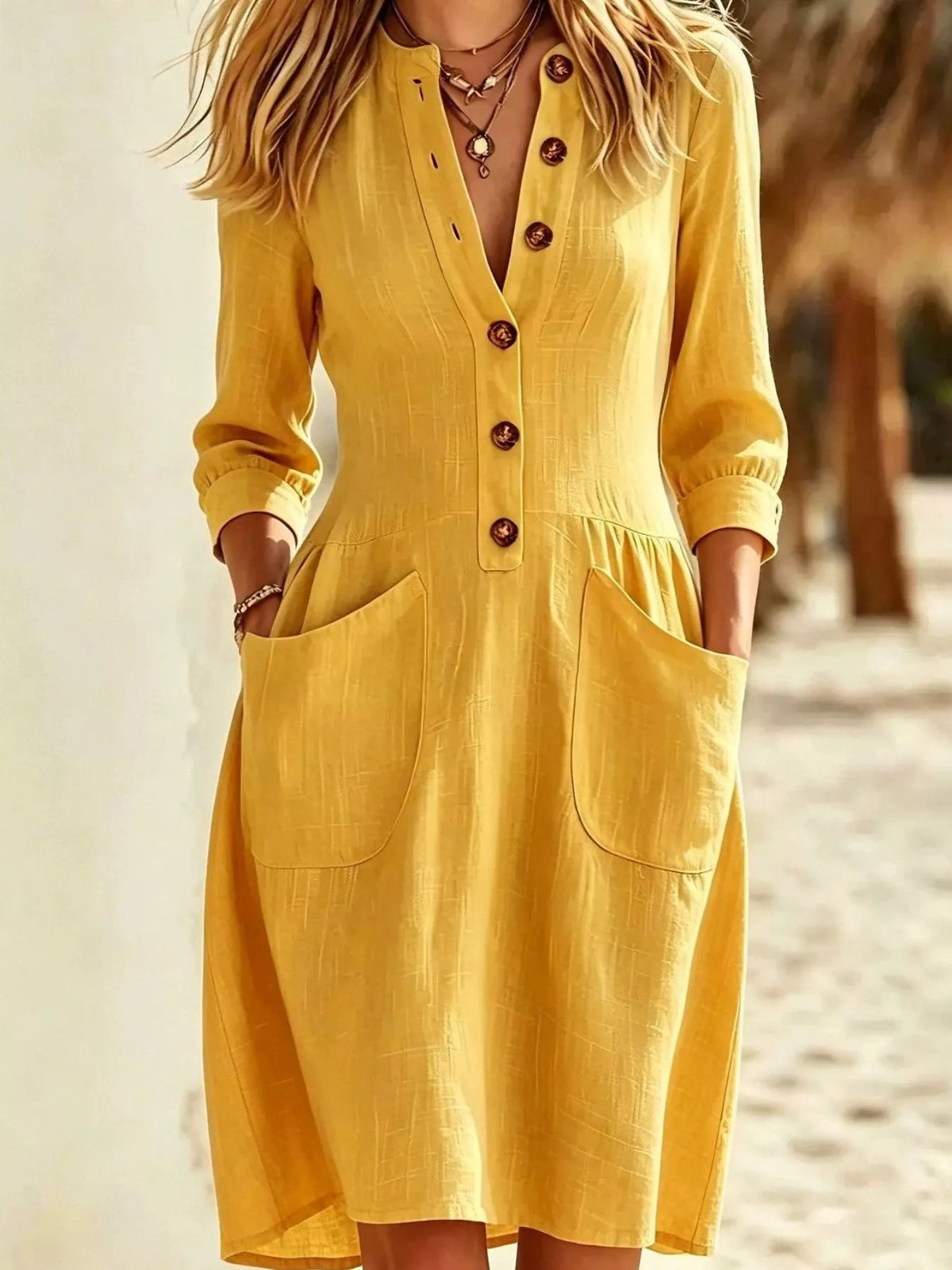 Button-front long-sleeve dress with pockets, yellow, gathered skirt panels
