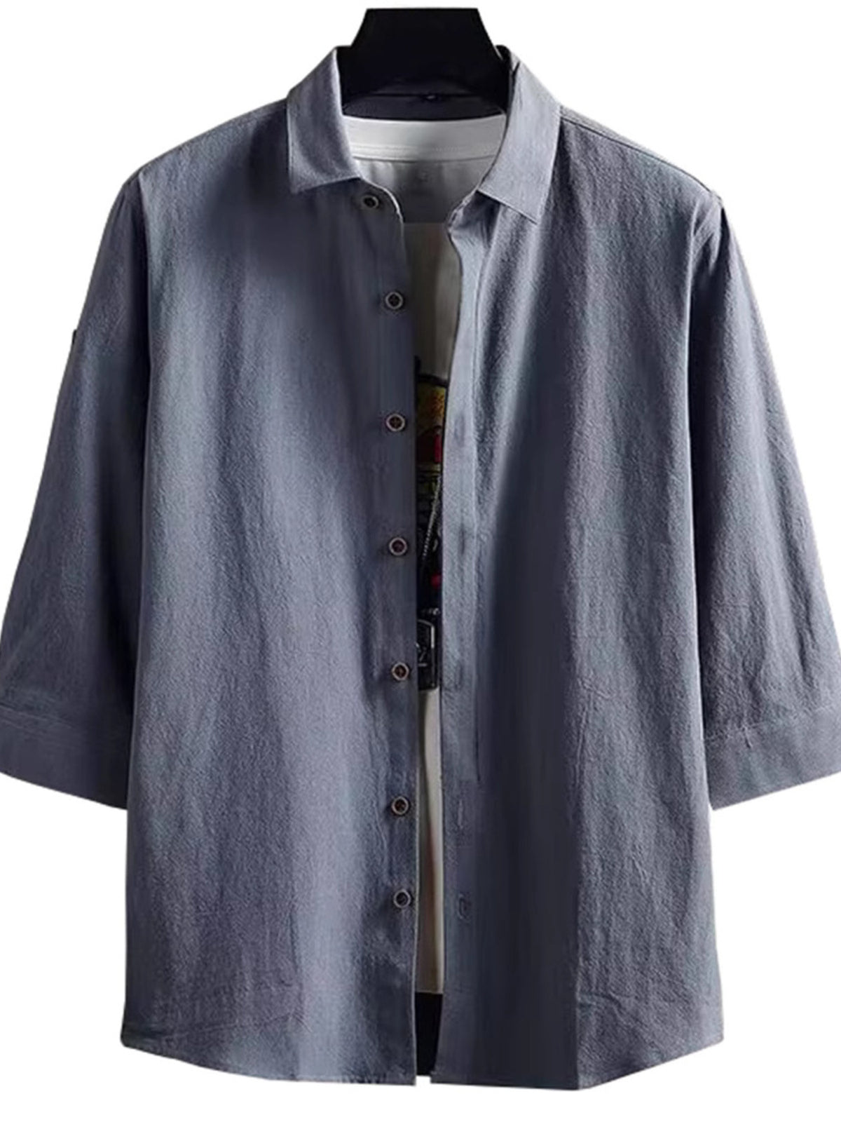 Men's dark gray short-sleeve button-up shirt with pointed collar and front buttons