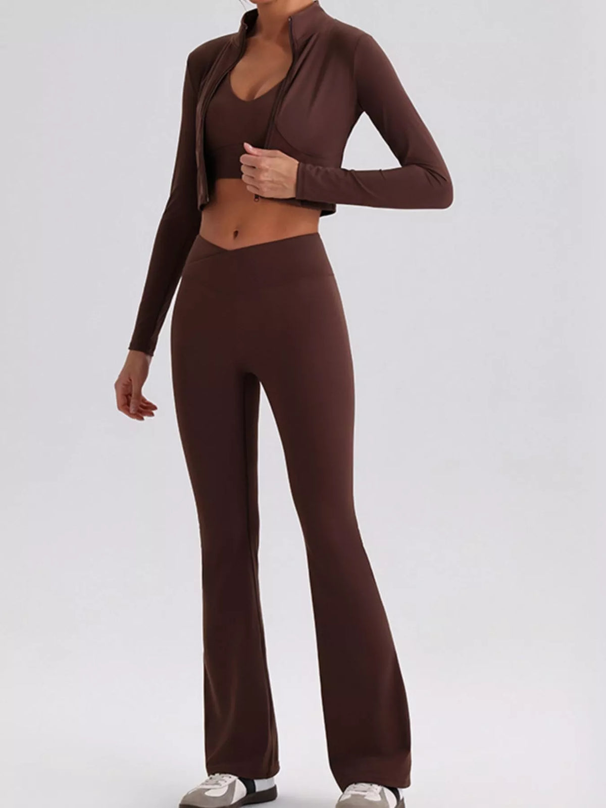 Dark brown V-neck crop top and flared-leg leggings set