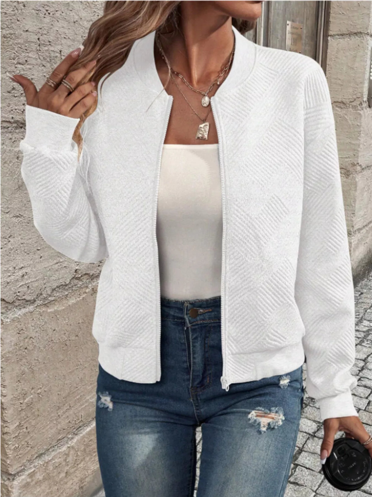Women textured knit zip-up bomber jacket, white, front view with zip and pockets