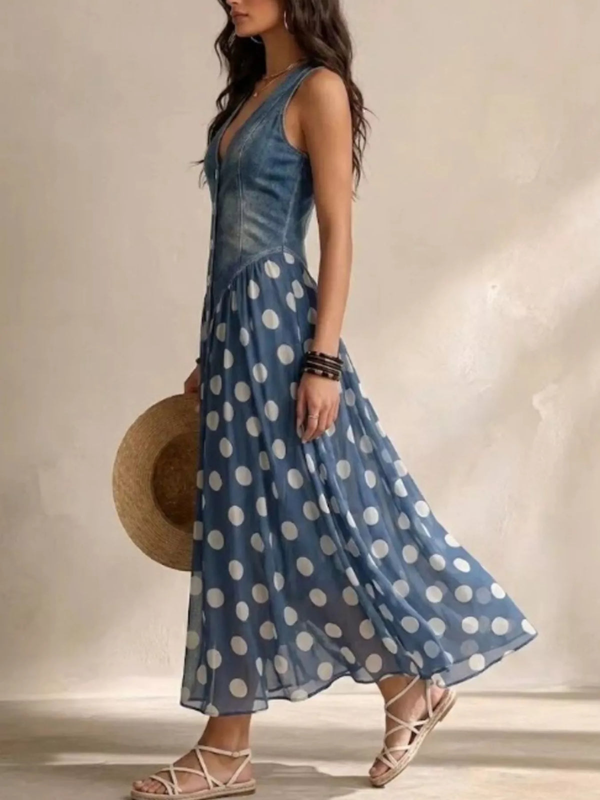 Blue polka dot sleeveless maxi dress with V-neck, button front, and flowing tiered skirt