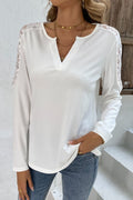 Cedar & Moore Shiny Spliced Lace Notched Neck Top in white with lace shoulders and long sleeves, regular sizing