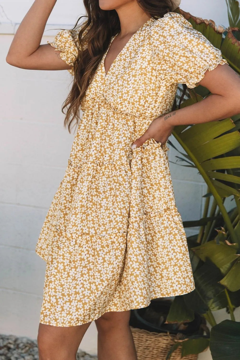 Floral short-sleeve surplice mini dress, yellow daisy print, tiered frilly design, Trendsi