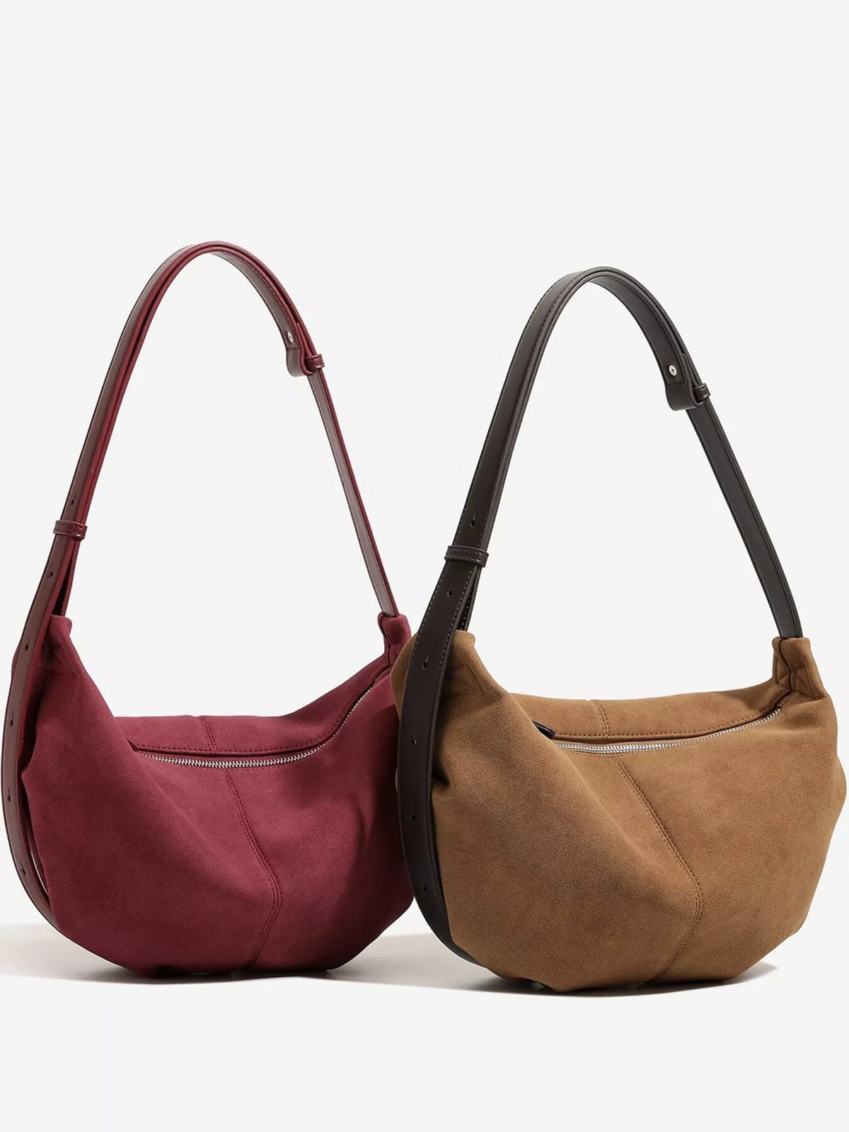 Suede crescent shoulder bag, wine red and brown, with adjustable shoulder straps