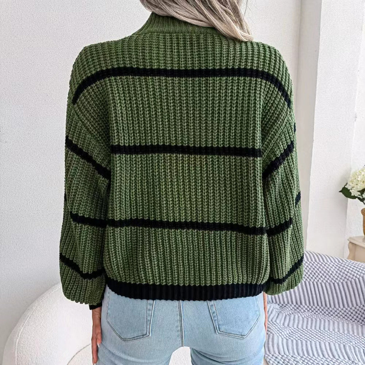 Mock neck striped knit sweater green with black bands, ribbed hem, relaxed fit