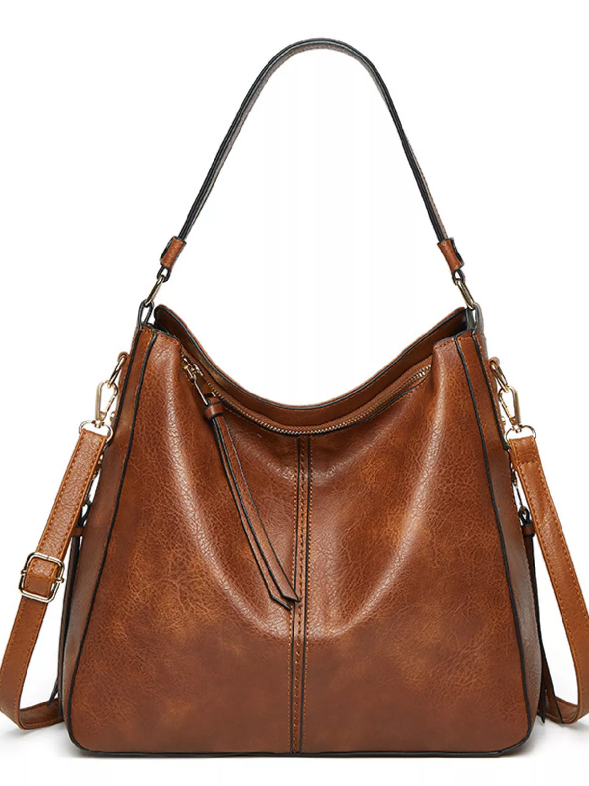 Brown vegan leather shoulder bag with two side straps, curved top, and zip closure